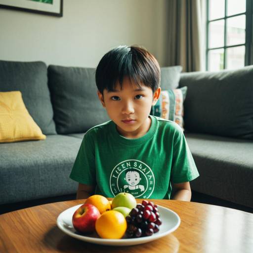 Young Asian Boy Sitting at Table with Fruit Plate