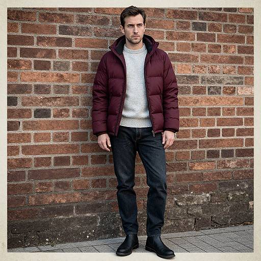 Photograph of a serious-looking man with short brown hair, wearing a maroon puffer jacket, white sweater, black jeans, and black boots,