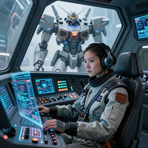 Photorealistic CGI of a focused female astronaut in a cockpit, wearing headphones, with a large robot standing outside the window.