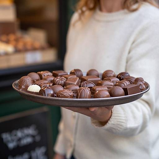 Photograph of a woman in a white sweater holding a plate of assorted chocolate truffles with a single white truffle, standing in a softly lit,