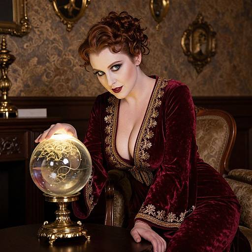 Photograph of a pale-skinned, red-haired woman in a deep burgundy velvet gown with gold trim, leaning on an ornate glass lamp,