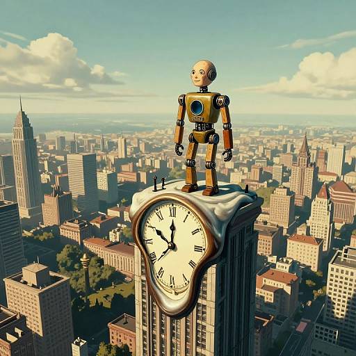 CGI image of a robotic child standing on a giant clock atop a city building, overlooking a sprawling urban skyline.