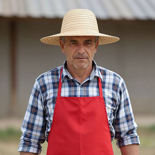 Man in Red Apron and Straw Hat