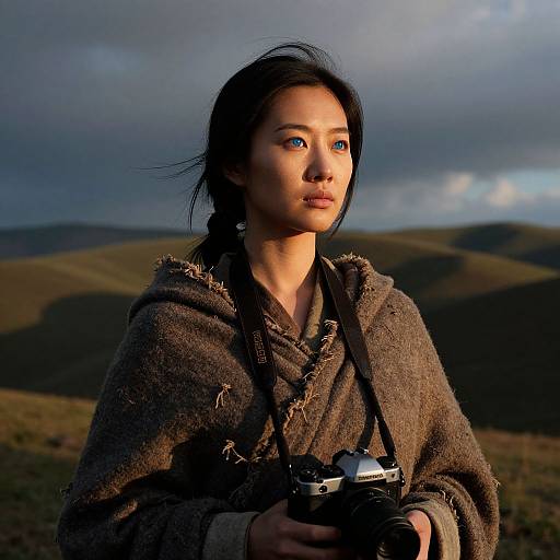 Photograph of an Asian woman with blue eyes, wearing a brown, textured cloak, holding a camera, against a dramatic, cloudy sunset landscape with rolling