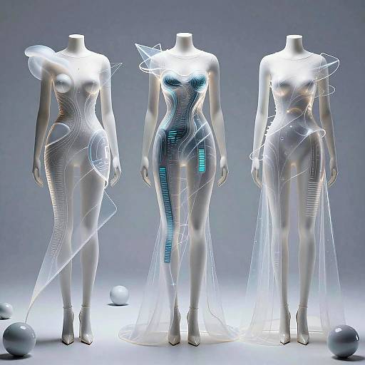 Photograph of three headless, silver, glowing mannequins in futuristic, metallic dresses with blue and white light accents, standing against a gray