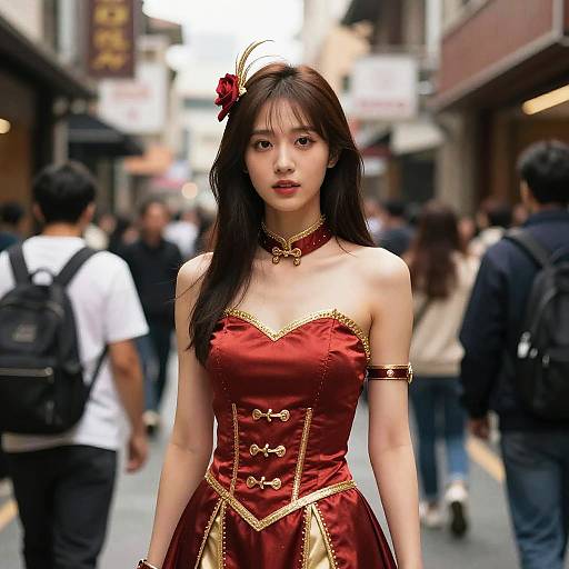 Woman in Red Costume on Crowded Street