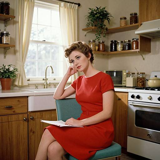 Photograph of a woman with curly brown hair, wearing a red short-sleeve dress, sitting in a kitchen, writing on paper, with wooden