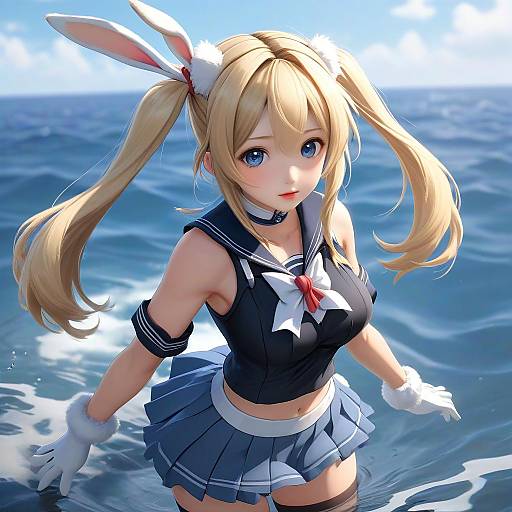 Digital anime artwork of a blonde, blue-eyed girl with bunny ears, wearing a black sailor uniform and white gloves, standing in the ocean.
