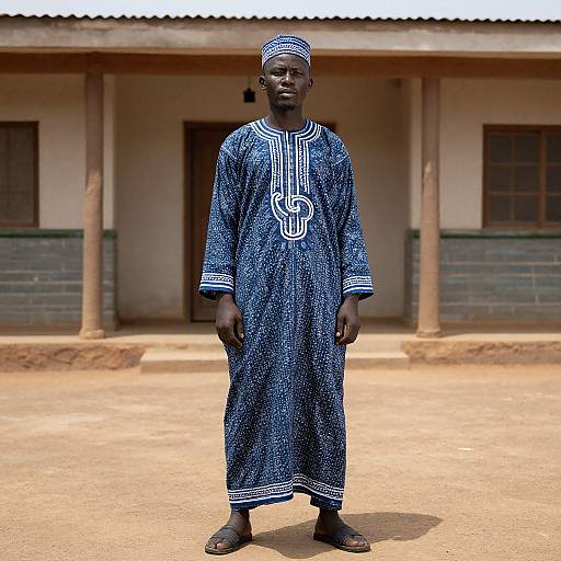 Photograph of a tall, dark-skinned African man in a blue and white patterned traditional kaftan and cap, standing on a dirt courtyard