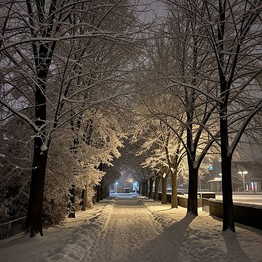 Photograph of a snow-covered, tree-lined pathway at night, illuminated by streetlights, casting long shadows, with a glowing blue light in the distance