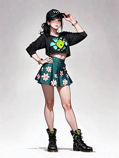 Stylish young woman in floral skirt and baseball tee