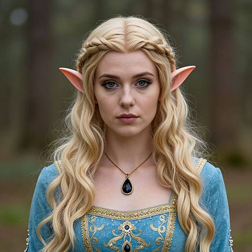 Photograph of a young, fair-skinned elf woman with long, wavy blonde hair, pointed ears, blue dress with gold embroidery, and a
