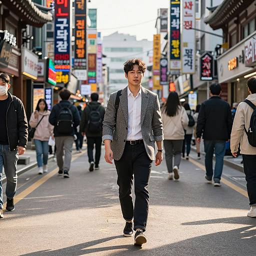 Photograph of a young Asian man in a gray blazer, white shirt, and black pants walking down a bustling urban street with colorful neon signs in