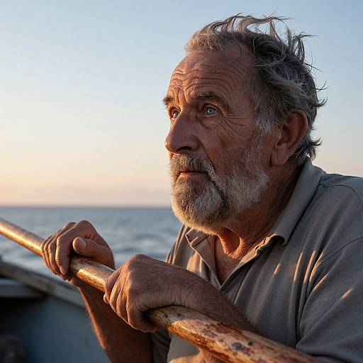 Photograph of an elderly man with weathered skin, gray beard, and tousled hair, holding a wooden railing at sunset on the ocean. His