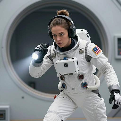 Female Astronaut in Spacesuit Holding Flashlight
