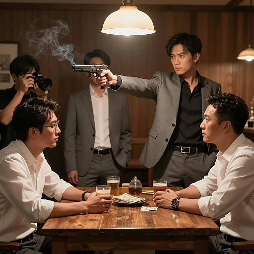 Tense Standoff in a Dimly Lit Room