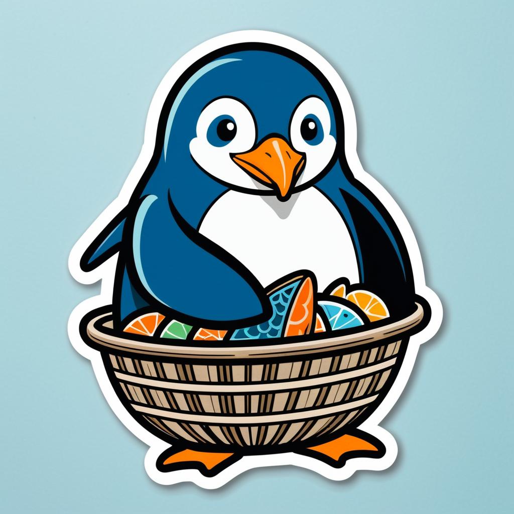 Cute Penguin with Fish Basket Sticker