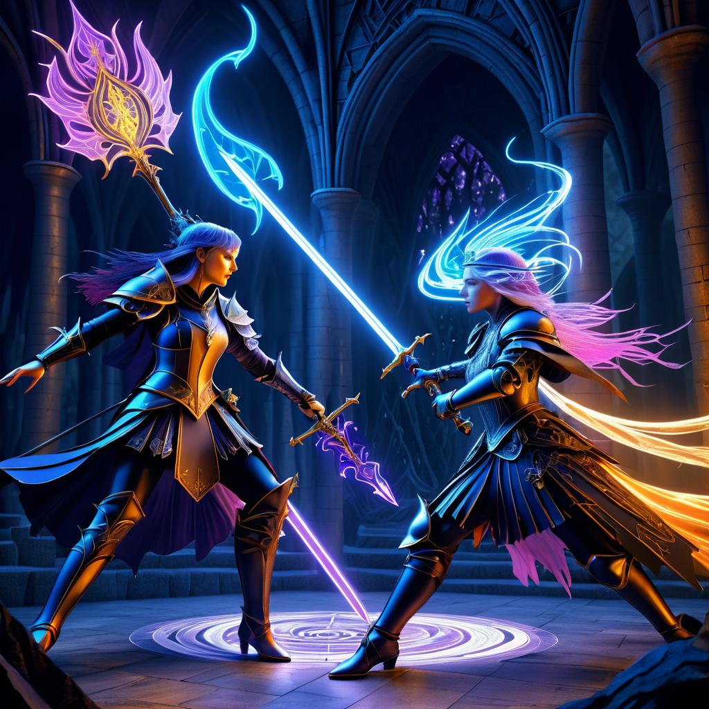 Epic Knight and Sorceress Battle Scene