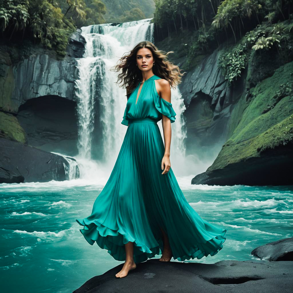 Serene Traveler in Waterfall Dress Portrait