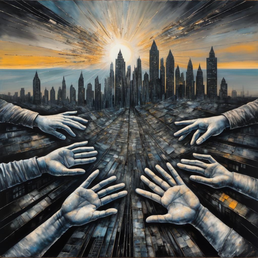 Surreal Hands in Shadowy Cityscape