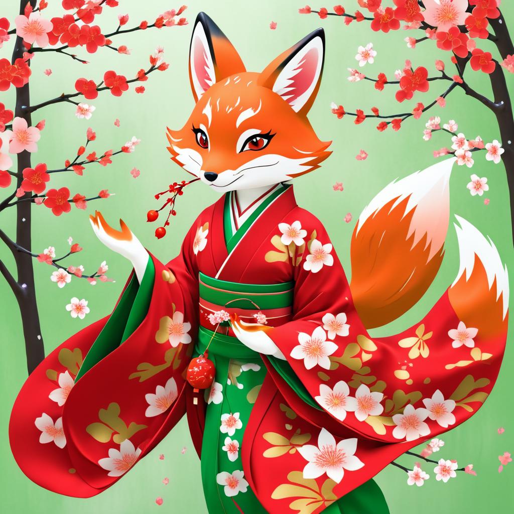 Playful Fox Spirit in Cherry Blossoms