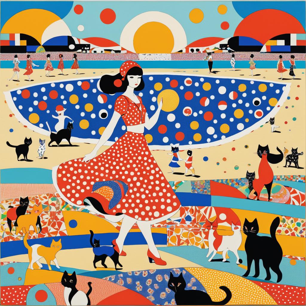 Art Deco Patchwork Beach Scene with Cats