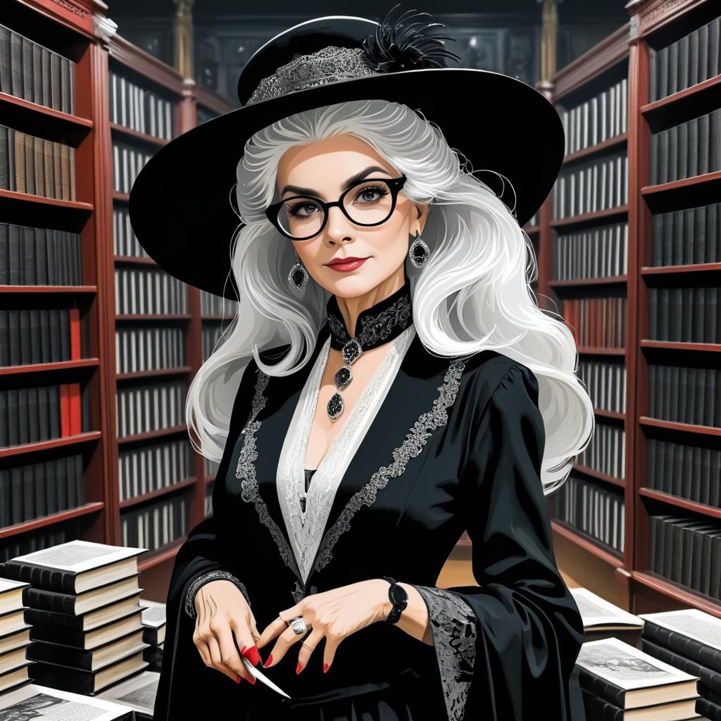 Escher-Inspired Librarian in Dark Comic Style