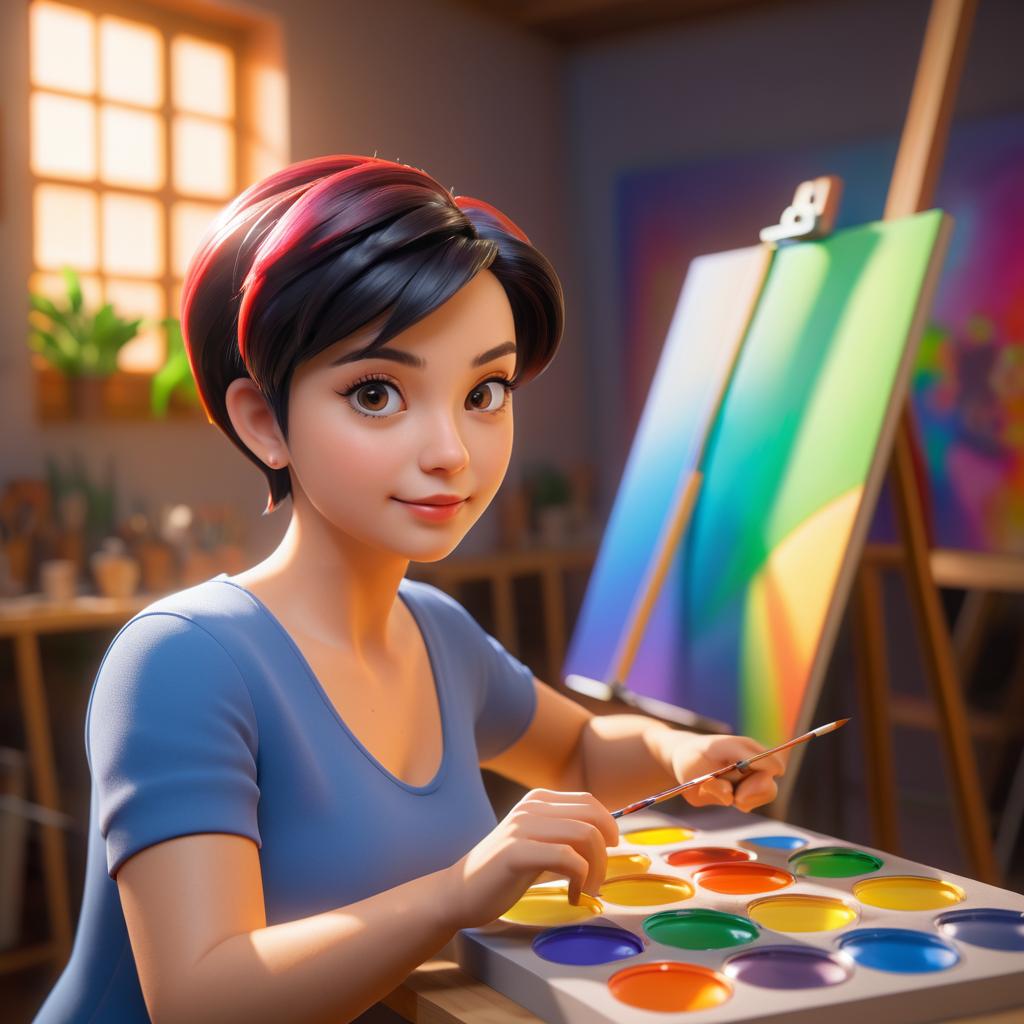 Vibrant 3D Cartoon Artist Woman