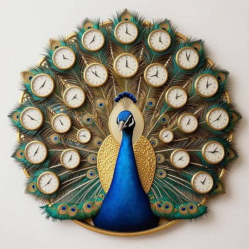 Photograph of a peacock with a blue body, golden chest, and elaborate tail feathers replaced with clock faces, creating a clock peacock art piece