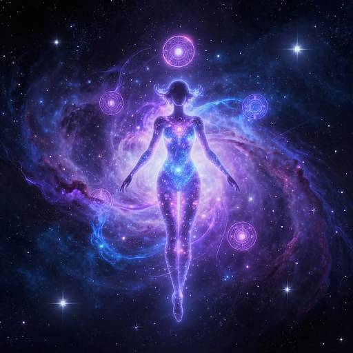 Digital art of a glowing, ethereal female silhouette floating in space, surrounded by vibrant purple and blue cosmic swirls, with floating purple rings above.