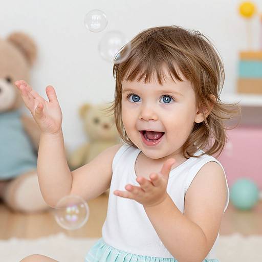 Photograph of a cute toddler with brown hair and blue eyes, wearing a white sleeveless dress, joyfully blowing bubbles in a brightly lit room with