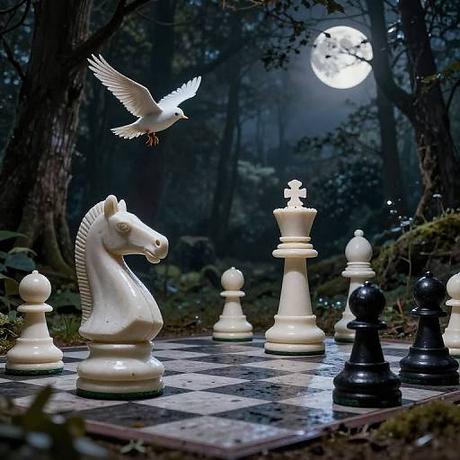 Photograph of a moonlit forest chessboard with white horse and king pieces, black pawns, and a white bird in flight.