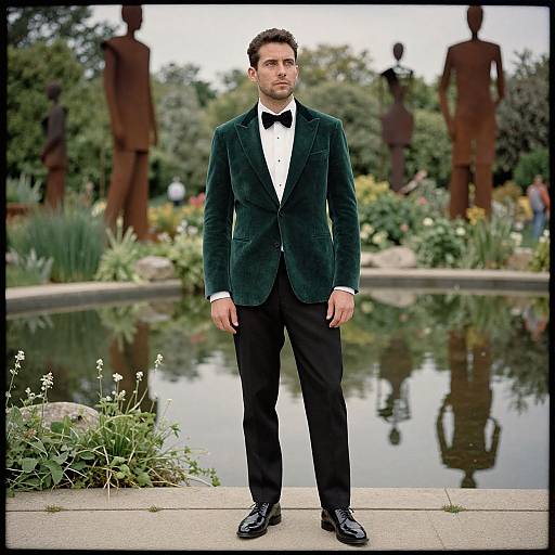 Photograph of a man in a dark green velvet tuxedo with black bowtie, standing by a reflective pond, surrounded by statues and greenery