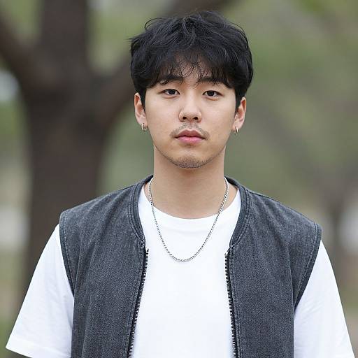 Photograph of an Asian man with black hair, neutral expression, wearing a white shirt, gray vest, silver necklace, and small earrings, standing outdoors