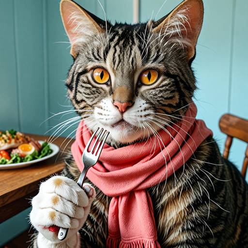Tabby Cat Wearing Scarf Holding Fork