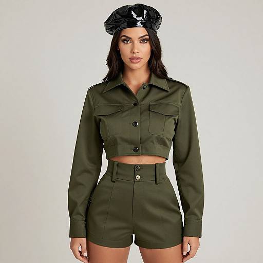Photograph of a woman with dark hair, olive green military-style crop jacket and high-waisted shorts, black glossy police hat, white background.
