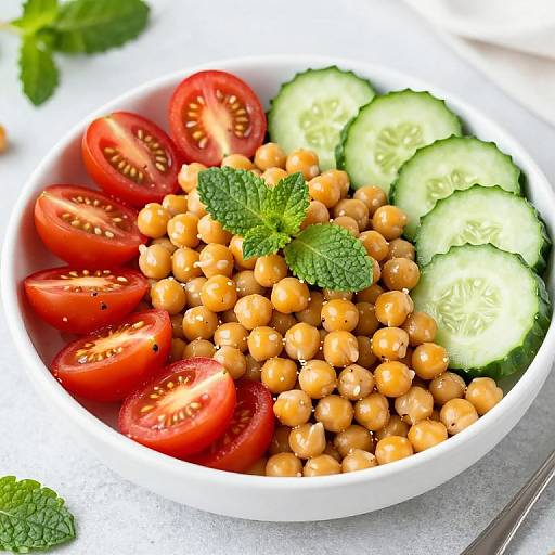 Photograph of a white bowl filled with chickpeas, sliced red tomatoes, cucumber rounds, and a fresh mint garnish on a white surface.