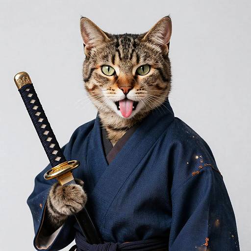 Samurai Cat in Indigo Kimono with Katana