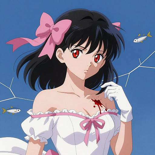 Anime Woman in White Dress with Blood Stain