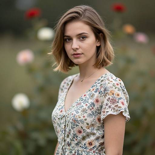 Photograph of a young woman with light brown bob haircut, wearing a floral dress, standing in a blurred garden with colorful flowers.