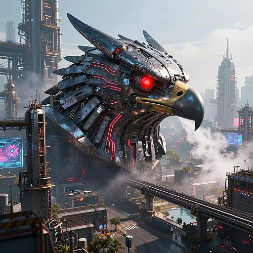 Digital artwork of a giant, metallic, red-eyed, eagle-headed robot towering over a futuristic cityscape with neon lights and smoke.
