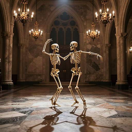 Elegant Skeletons Dancing in Gothic Ballroom