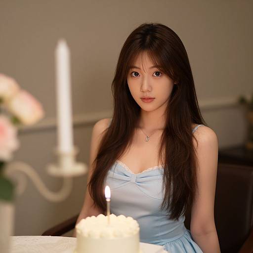 Photograph of an East Asian woman with long black hair, wearing a light blue satin dress, seated at a table with lit candles, in a softly