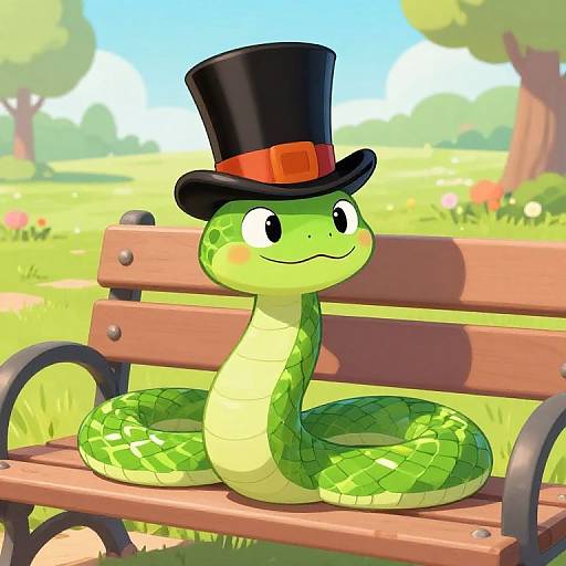 Cartoon green snake with a black top hat and red band, coiled on a wooden bench in a sunny, colorful park.