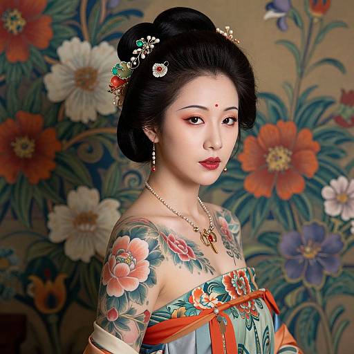 Digital art of a tattooed Asian woman with floral hairpins, red lipstick, floral off-shoulder dress, and flower-patterned background.