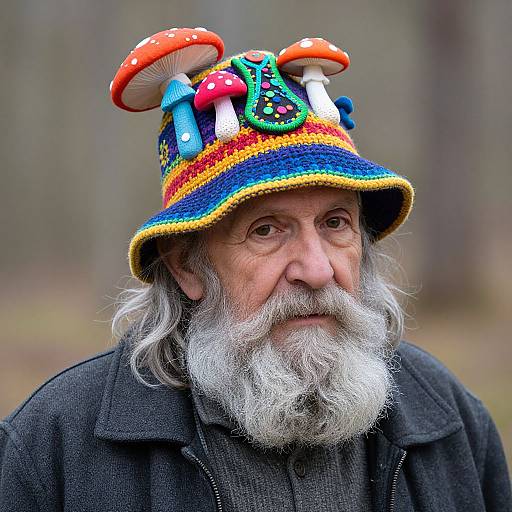 Photograph of an elderly white man with a long white beard, wearing a colorful, whimsical hat adorned with mushrooms, blue and white pipes, and