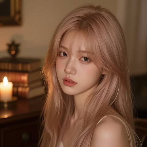 Photograph of an ethereal young woman with long, light pink hair, fair skin, and delicate features, softly illuminated by a candle in a dim
