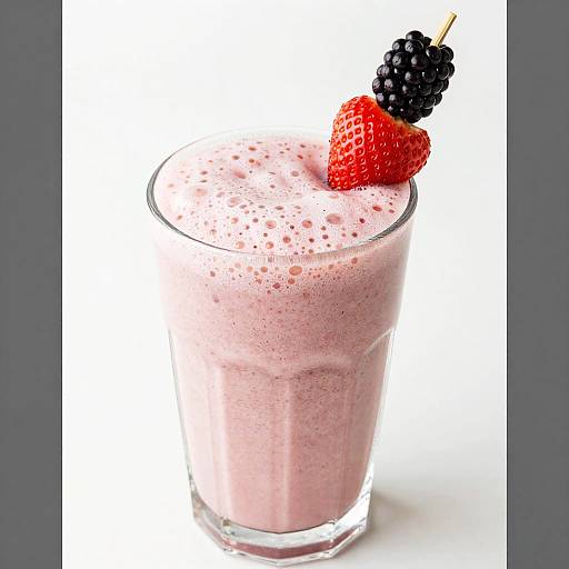 Photograph of a pink, frothy smoothie in a clear glass, topped with a red strawberry, black and green grapes.