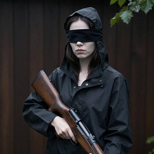 Blindfolded Woman in Rain with Rifle