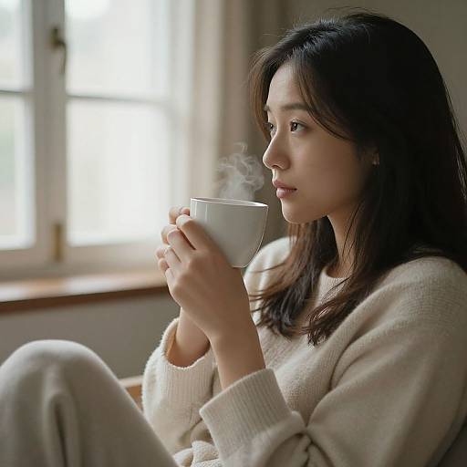 Photograph of an Asian woman with long black hair, wearing a beige sweater, sitting near a sunlit window, holding a steaming white cup.
